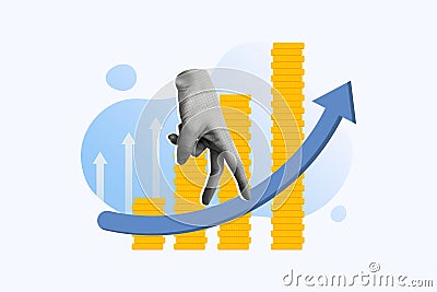 Artwork collage image of black white effect arm fingers walk climb growing arrow upwards pile stack money coins isolated Stock Photo