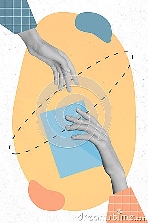 Artwork collage image of two people arms give take blue card with empty space isolated painted background Stock Photo