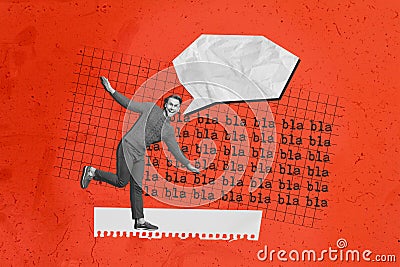 Artwork collage picture of funky carefree guy telling gossips empty space isolated red color background Stock Photo