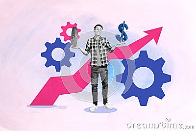 Artwork collage picture of positive wealthy black white colors guy arms hold money symbol coin growing arrow upwards Stock Photo