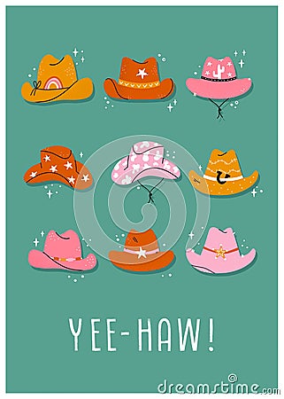 Artwork with cute cowboy hats with different ornaments, cactus, horseshoe, stars. Great gift for real Cowboys and girls. Hand Vector Illustration