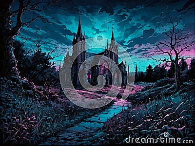 Artwork of a dark gothic landscape with an abbey, AI Generative Stock Photo