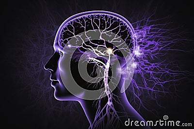 Human Silhouette Exploring Neural Brain Networks and Aura Stock Photo