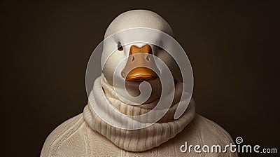 Hyper Realistic Duck Portrait In White Knit Sweater Stock Photo