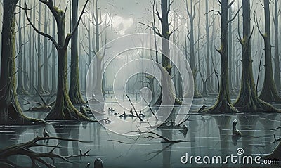 Painting of a surreal and eerie flooded forest Stock Photo