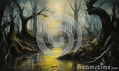 Painting of a surreal and eerie flooded forest Stock Photo