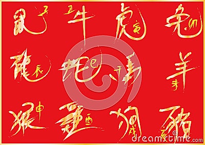 The artwork of Golden Ink calligraphy to write Chinese zodiac signs. The Chinese animal zodiac is a 12-year cycle of 12 signs. Stock Photo