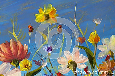 Red, yellow, blue, purple abstract flowers illustration. Macro impasto painting. Palette knife artwork. Impressionism. Art. Stock Photo