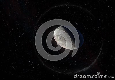 Artwork of Haumea ellipsoidal dwarf planet with rings in the Kuiper belt Stock Photo