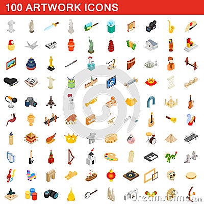 100 artwork icons set, isometric 3d style Vector Illustration