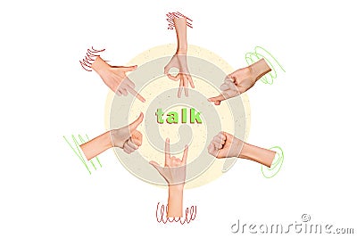 Artwork magazine collage picture of arms using nonverbal language isolated white color background Stock Photo