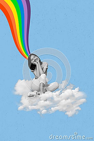 Artwork magazine collage picture of dreamy lady sitting cloud rainbow growing head isolated drawing background Stock Photo