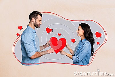 Artwork magazine collage picture of smiling guy giving lady 14 february postcard isolated drawing background Stock Photo