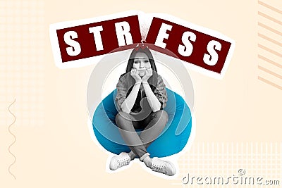 Artwork magazine picture of upset lady sitting bean bag stress banner beating crashing head isolated painted beige Stock Photo