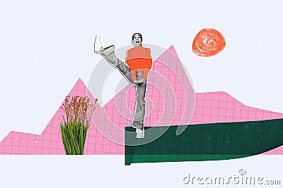 Artwork picture 3d collage of funky girl active dancing boogie woogie outdoors received bouquet wild flowers isolated on Stock Photo
