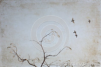 Artwork in retro style, flying birds, tree, sky Stock Photo