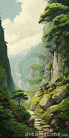 Mystical Forest Waterfall: Ancient Chinese Art Inspired Animation Stock Photo