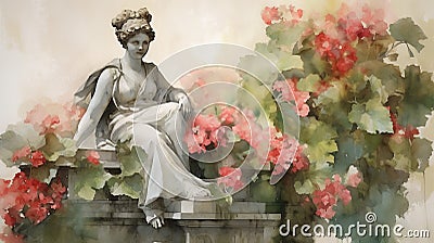 Elegant English Garden Statuary In Watercolor Medium Stock Photo