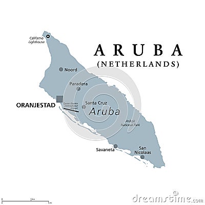 Aruba, gray political map, island in the Leeward Antilles in the Caribbean Sea Vector Illustration