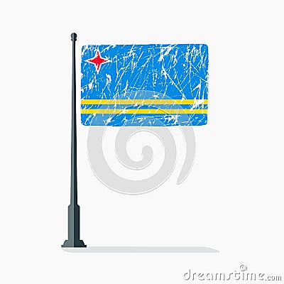 Aruban flag with scratches, vector flag of Aruba on flagpole with shadow. Vector Illustration