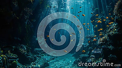 As darkness falls the underwater world comes to life creating a magical and serene atmosphere. 2d flat cartoon Stock Photo