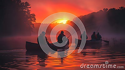 A mosaic of canoes and nature at the break of dawn. Stock Photo