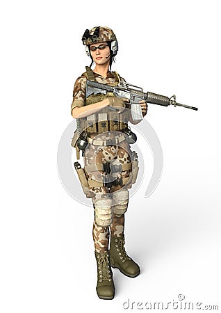 Soldier Female with Rifle. 3D Illustration Stock Photo