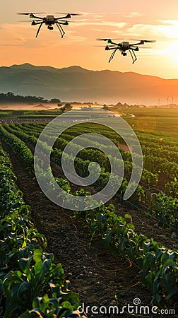 as drones hover over vast fields, monitoring crop health and optimizing yields in a realistic depiction of modern Stock Photo