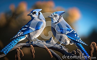 A couple of blue jays on the branch with blurred blue sky background in morning generative AI Stock Photo