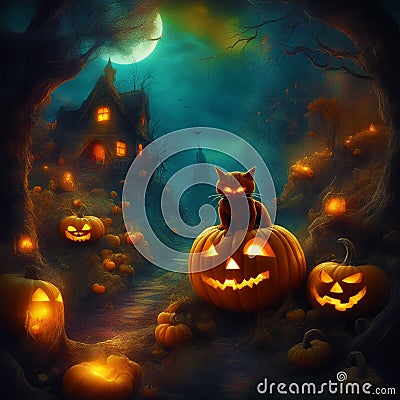 the spotlight falls upon a cheerful black cat on halloween night Stock Photo