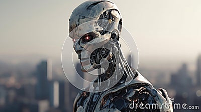 Doomsday Guardian: Menacing War Robot and the Ruins of a City - Generative AI Stock Photo
