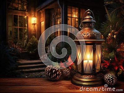 Festive Yuletide Lantern Glow at Dusk. Generative Ai Stock Photo