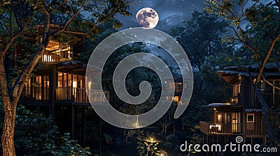 As the moon rises into the sky the forest cabins are bathed in a soft ethereal glow creating a magical atmosphere for a Stock Photo