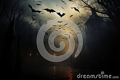 As night falls, bats silent wings cast eerie shadows on twilight Stock Photo