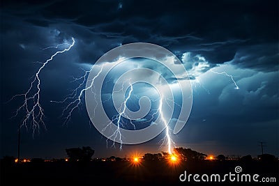 As night falls, a lightning bolt slices through the stormy sky Stock Photo