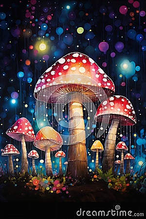 Enchanting Mushroom Kingdom: A Whimsical Wonderland of Lights, D Stock Photo