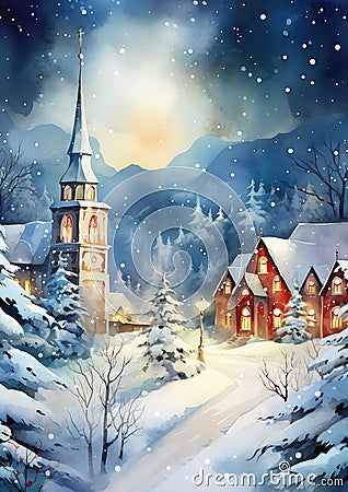 Whimsical Winter Wonderland: A Charming Church Steeple in a Snow Stock Photo
