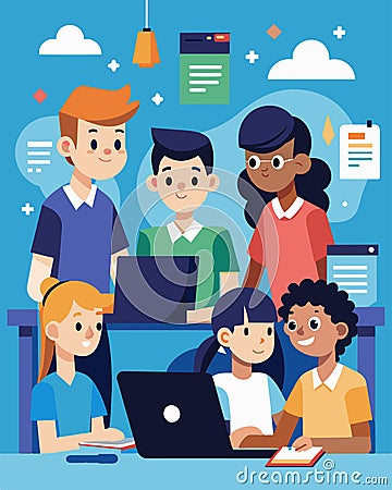 As part of a coding club in their high school a group of teens prepare for their first coding olympiad. They learn from Vector Illustration