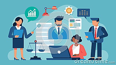 As they prepare for a negotiation a legal team uses an AI tool to quickly analyze data from previous settlements and Vector Illustration