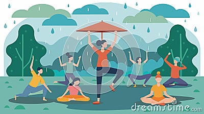 As rain sprinkles down a group of dedicated yogis continue their practice under a covered area in the park maintaining Vector Illustration