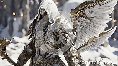 As this runecarved angel stands in a powerful stance their armor glimmers with symbols of spells and enchantments Stock Photo