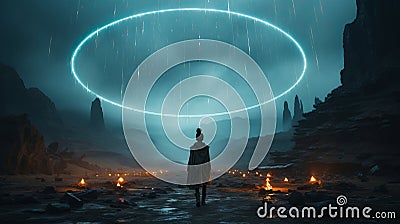 A person walking in a desert with a circle of light above them Stock Photo