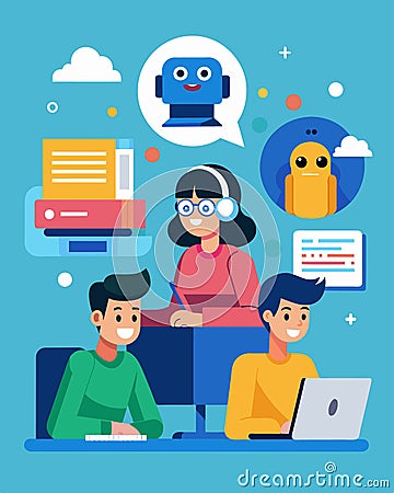 As students work on coding assignments virtual teaching assistants pop up to offer assistance and answer questions Vector Illustration