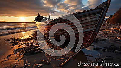 As the Sun Dips Below The Horizon Casting A Warm Glow Across The Beach An Abandoned Boat Sits Marooned On The Sand Background Stock Photo