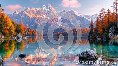 As the sun dips below the Mongart, casting warm hues across Lake Fusine, an idyllic sanctuary emerges for tranquil respite Stock Photo