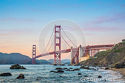 As the sun goes down, enjoy the best view of the Golden Gate Bridge of San Francisco Stock Photo