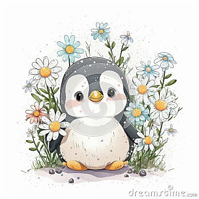 Cute Baby Penguin Floral, Spring Flowers, illustration ,clipart, isolated on white background Stock Photo