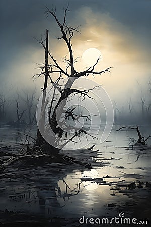 Twilight in the Desolate Swamp: A Hauntingly Beautiful Scene of Stock Photo