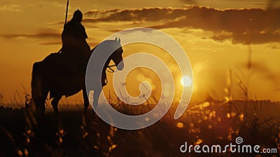 As the sun sets behind him a Hunnic horseman stands tall on his steed his silhouette a symbol of fear and conquest Stock Photo