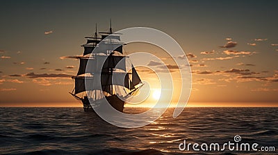 As the sun sets, a magnificent sailing ship casts a serene silhouette on the horizon Stock Photo